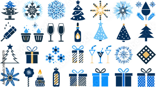 Collection of christmas themed icons including trees snowflakes gifts and celebratory drinks in blue and gold silhouette