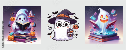 Art of cute ghost reading book for halloween