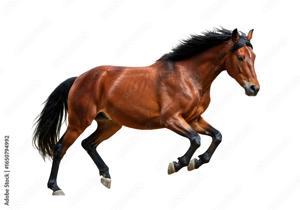 Fototapeta premium Chestnut horse running against transparent background dynamic equine image for design