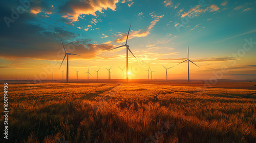 Sunset at a wind farm in Kansas, massive turbines spinning slowly, golden wheat fields below, symbol of renewable progress and modern American innovation.