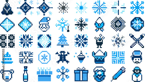 Collection of pixelated winter and christmas themed icons in blue and white color palette design set silhouette