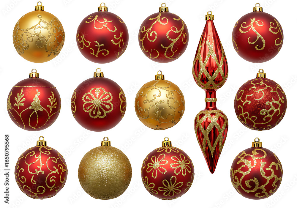 Festive red and gold Christmas ornaments glitter baubles Festive red and gold Christmas ornaments glitter baubles