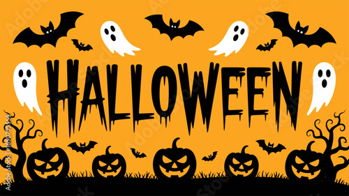 Festive Halloween banner with pumpkins, ghosts, and bats on an orange background