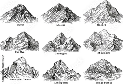 Hand-drawn vector illustrations of various mountain peaks, with detailed textures, perfect for adventure, hiking, climbing, and outdoor themes.
