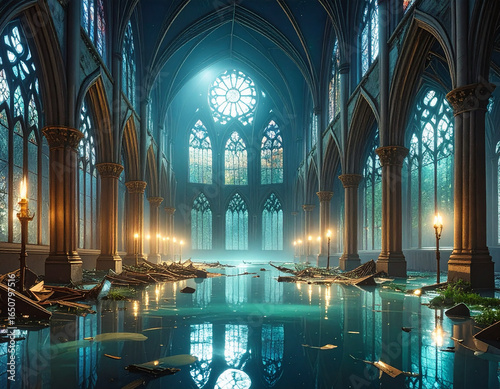 Flooded cathedral in moonlight
