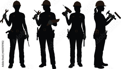 A collection of female construction workers and handymen in silhouette, holding tools and hard hats, for themes of construction, labor, and women in industry.