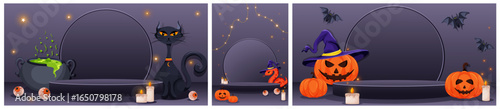 Collection Halloween podium scenes with cat, candles, pumpkins, snake, potion cauldron. Set platform podium for product display. Vector illustration.