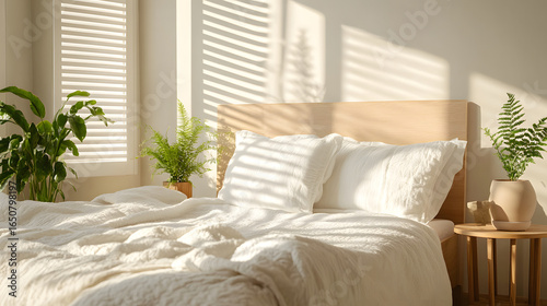 Sunlit Bedroom with Plants and Soft Bedding
