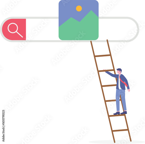Flat illustration of business marketing team climbing ladders toward search engine result page held by giant hand

