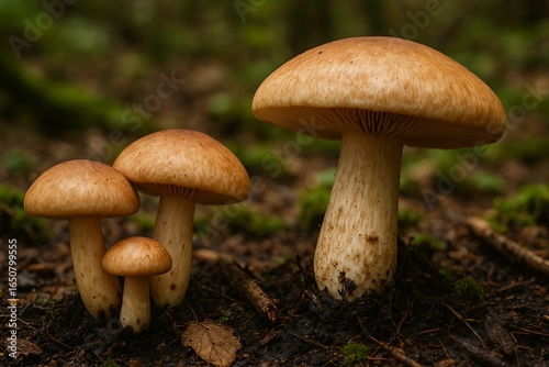 Cluster of brown cap mushrooms growing in a forest floor