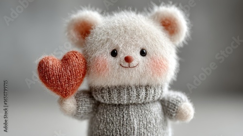 Cute Knitted Toy Mouse Holding a Heart, Valentine's Day Gift Concept