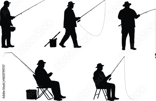 Silhouette vector of fishermen and anglers fishing on a lake, river, or ocean, an illustration for outdoor sports, fishing equipment, and hobbies.