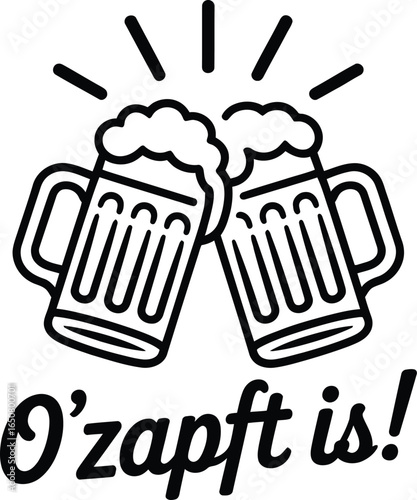 Two beer mugs clinking with frothy heads celebration
