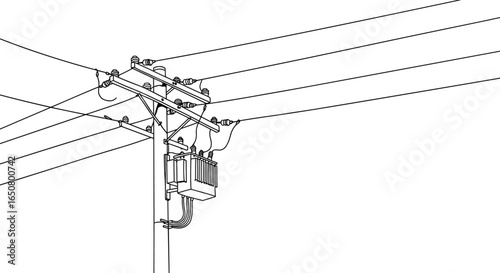 Detailed illustration of electrical utility pole with transformer, high voltage power lines, insulators for energy distribution, industrial engineering, and electrical infrastructure