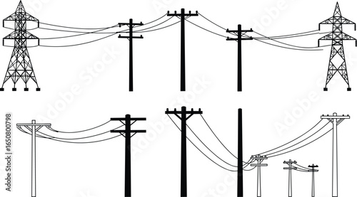 Detailed illustration of high voltage utility pole with transformer, insulators, electrical power lines, energy distribution, industrial engineering, electricity grid, and infrastructure