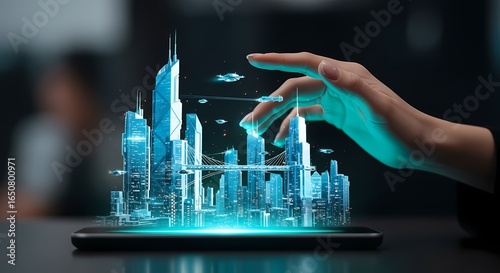 Smart City Digital Twin Hologram on Tablet 