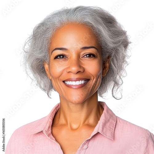 Smiling woman gray hair pink shirt mature happy portrait isolated natural