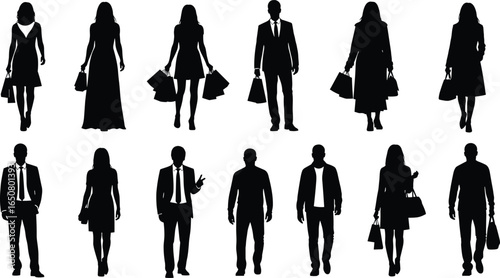 Silhouette people walking with shopping bags, business men, women fashion, casual style, urban lifestyle, retail concept, modern human illustration