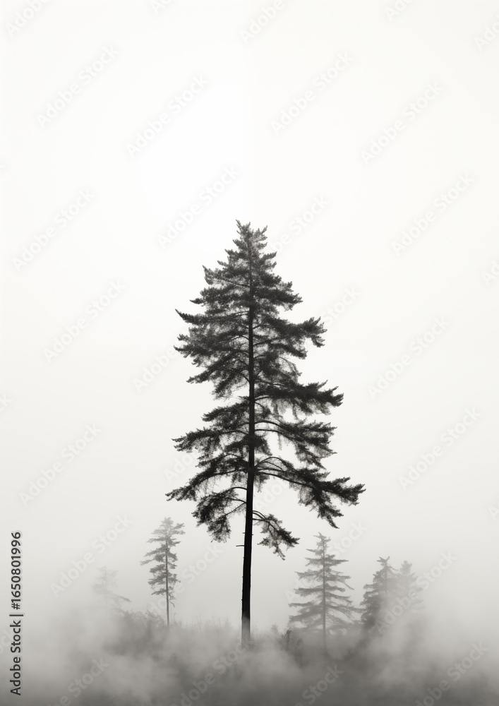 Fototapeta premium Minimal black and white drawing of Christmas pine tree with snowy ground, simple elegant holiday artwork.