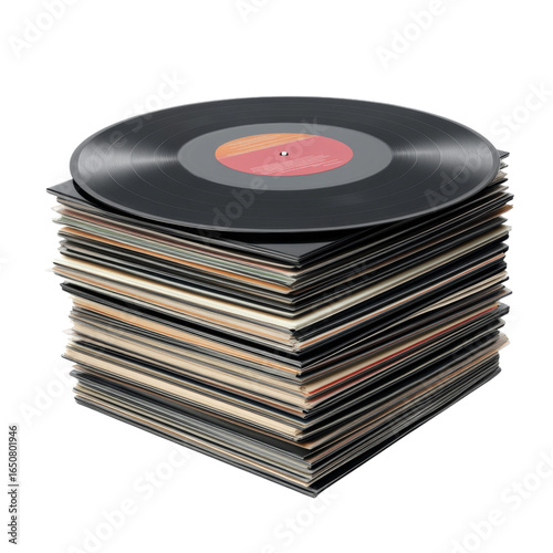 Stack vinyl record music retro black nostalgic collection isolated background