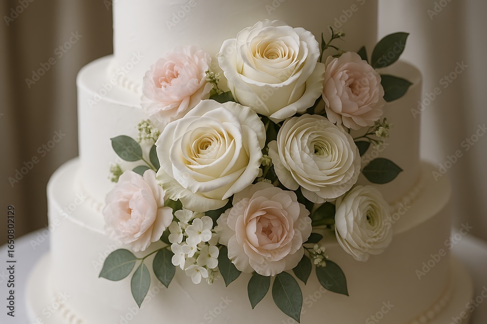 Obraz premium Elegant white wedding cake adorned with delicate floral arrangement