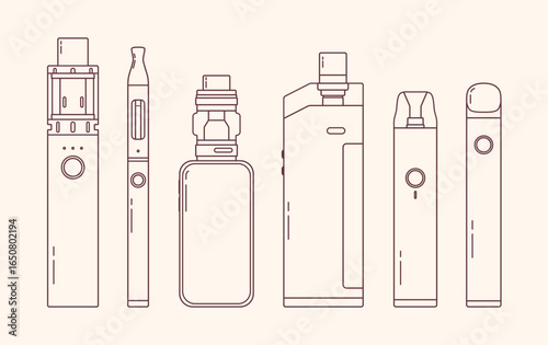 Vape line art set. Electronic cigarettes and vape set. Modern vector outline illustrations. Variety of designs vape pens and pod mods. Flat vector design for web.