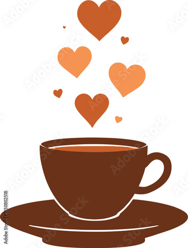 "Brown Coffee Cup on Saucer with Floating Orange and Brown Hearts – Warm and Affectionate Beverage Illustration Blending Love and Comfort for Coffee-Themed Decor and Seasonal Designs"
