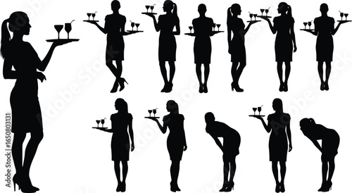 Waitress silhouette illustration, woman serving drinks, hospitality concept art, restaurant service vector, catering staff pose, barmaid with tray, professional server artwork