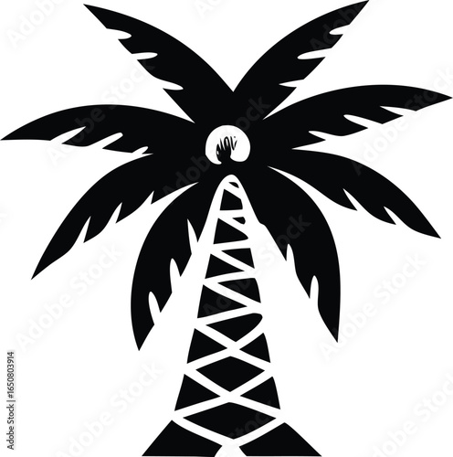 Stylized silhouette of a tropical palm tree with a textured trunk and fronds against a white background
