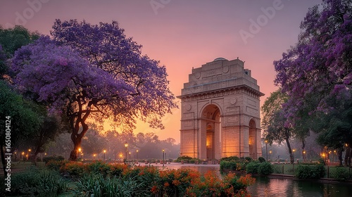 India Gate at Sunrise with Purple Jacaranda Trees in New Delhi