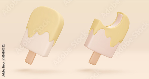 Set white Ice cream, popsicle with yellow mango glaze, 3d render. Design elements. Realistic sweet fast food icon. Vector illustration isolated on white for menu, shop, flyer, banner, web, adv, sale