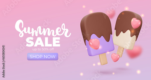 Banner with Ice cream glazed on pink background, summer sale, up to 50%, 3d render. Design elements. Realistic sweet food poster. Vector illustration for menu, shop, flyer, web, adv, sale