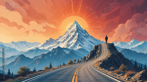 Road to success mountain concept, motivational business background showing challenge, goal achievement, and perseverance