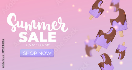 Banner with purple Ice cream on pink background, summer sale, up to 50%, 3d render. Design elements. Realistic sweet food poster. Vector illustration for menu, shop, flyer, web, adv, sale