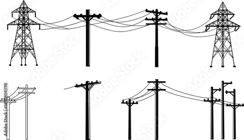 High voltage transmission towers, electrical power lines, utility poles, energy distribution infrastructure, electricity grid, industrial engineering, and electrical network illustration