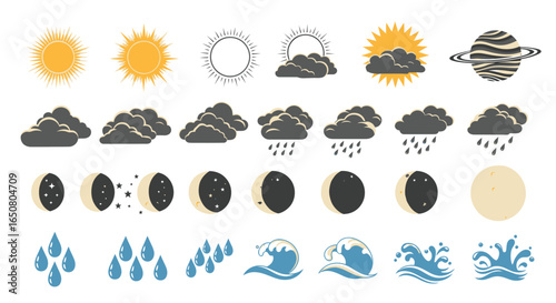 A complete weather icon set of sun, cloud, rain, and snow symbols for meteorology and climate forecast illustration