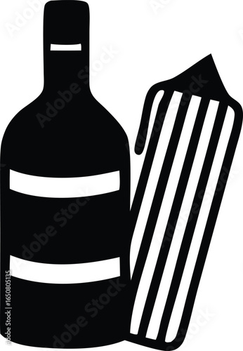 Silhouette of a classic glass bottle with two white horizontal bands next to a black and white striped object possibly a referee s shirt