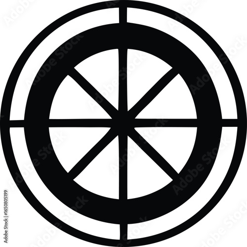 A stark black and white graphic depicts a stylized wheel or compass rose with eight spokes radiating from a central point within concentric circles