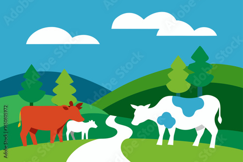 Collage Meadow with Stylized Paper Cut Cows