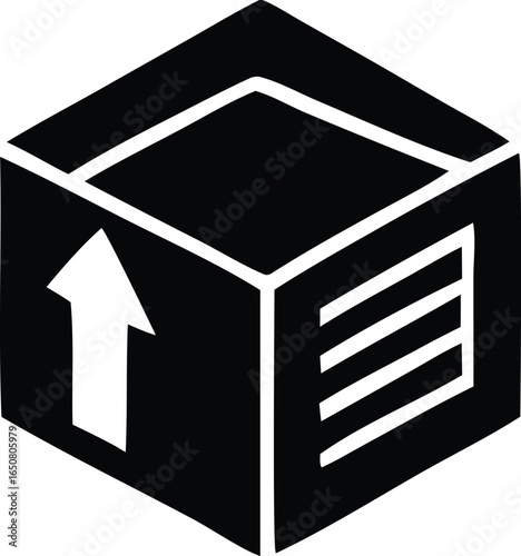 Black and white graphic icon representing a cardboard box with an upward arrow and horizontal lines indicating fragility or handling instructions
