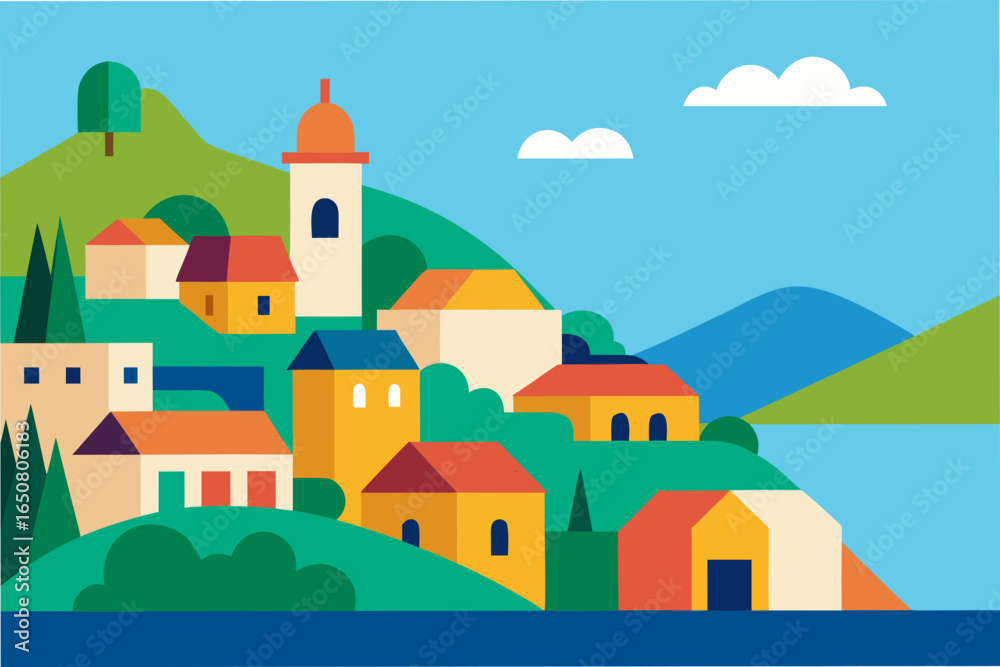 Naklejka premium Colorful Coastal Hillside Town with Ocean View