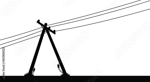 Silhouette of leaning utility poles with power lines, electricity transmission network, energy infrastructure, electrical grid system, urban engineering, power distribution illustration