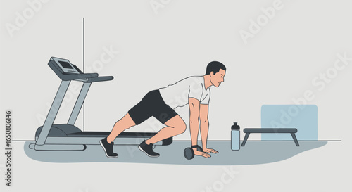 Determined man performing an intense core-strengthening exercise with an ab roller in a modern gym. Focused fitness enthusiast building muscle and improving conditioning