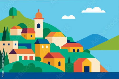 Colorful Coastal Hillside Town with Ocean View