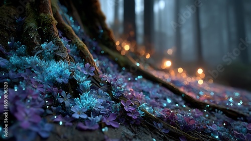 Enchanted forest glowing flowers at tree roots high resolution picture