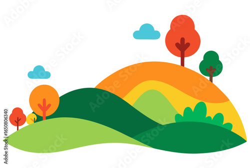 Colorful Hillside with Scattered Bushes White Background