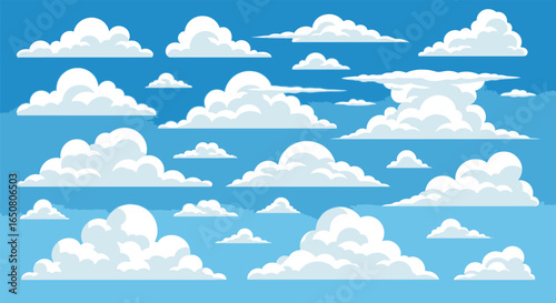 Vector art of cartoon clouds float serenely in a bright blue sky, creating a peaceful scene