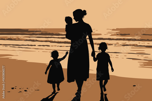 Silhouette of adult holding child and walking with two children on beach, serene family moment by ocean waves under warm sky tones