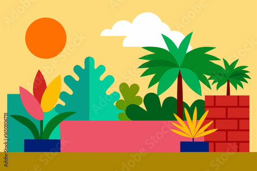 Colorful Tropical Wall Garden Under Direct Sun