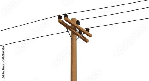 Wooden utility pole with electrical wires and crossarm insulators, power transmission, electricity distribution, rural energy infrastructure, electrical grid, vector illustration, silhouette design